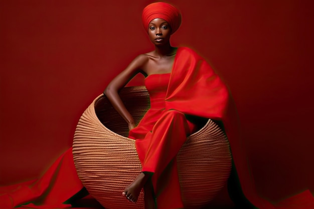Uma mulher de vestido vermelho sentada numa cadeira