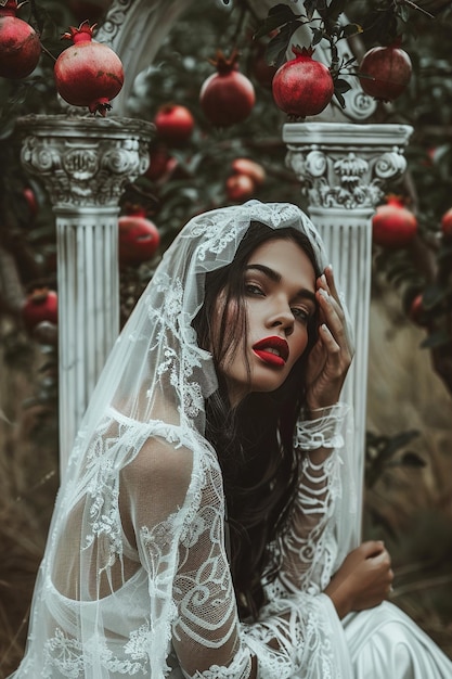 uma mulher de véu branco com lábios vermelhos está posando na frente de uma árvore vermelha