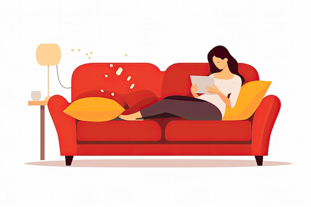 Foto uma mulher deitada confortavelmente no sofá, absorvida em seu tablet para algum entretenimento descontraído