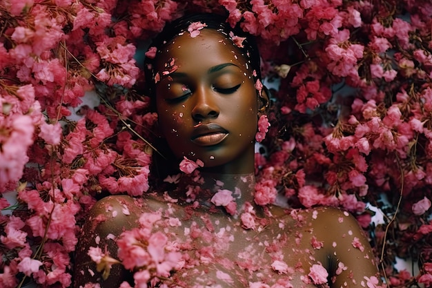 Uma mulher deitada em flores cor-de-rosa