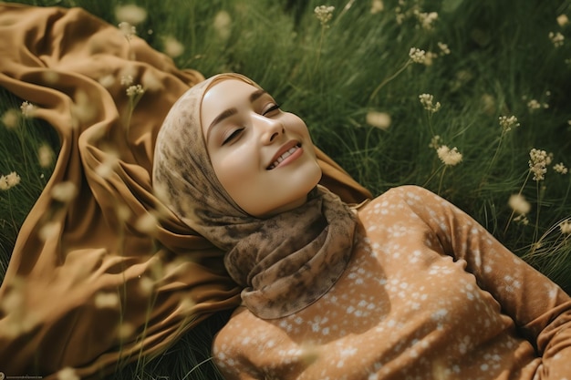 Uma mulher deitada em um campo de grama com uma camisa marrom que diz 'sou muçulmano'