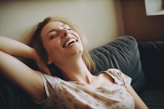 Uma mulher deitada em um sofá com os braços atrás da cabeça e a palavra feliz na camisa