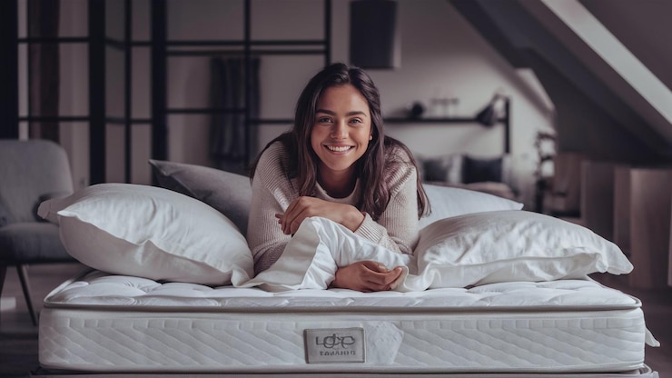 Foto uma mulher deitada em uma cama com a palavra luz sobre ele