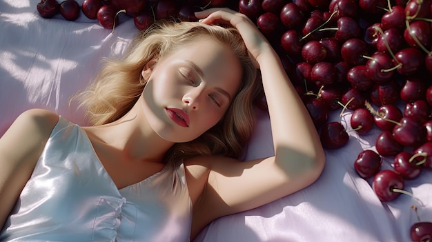 Uma mulher deitada em uma cama com uvas Generative Ai