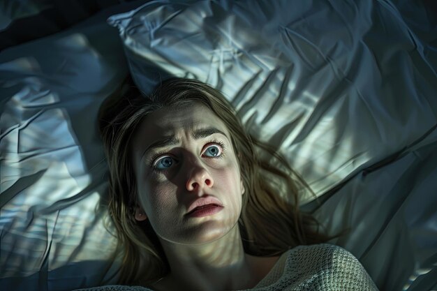 Uma mulher deitada na cama com os olhos abertos