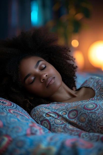 Foto uma mulher deitada na cama com os olhos fechados