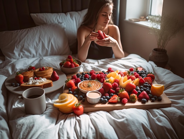 Uma mulher deitada na cama com uma bandeja de comida