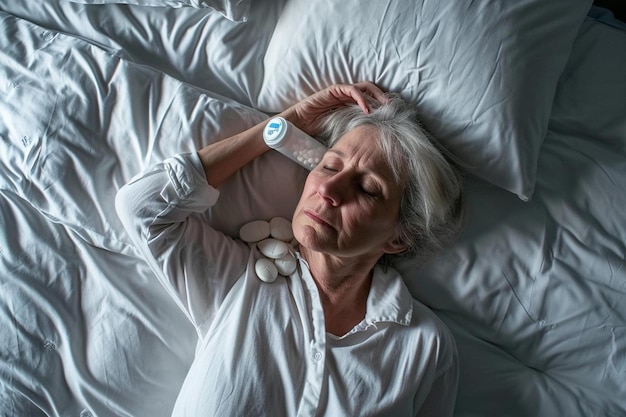 uma mulher deitada na cama com uma garrafa de água