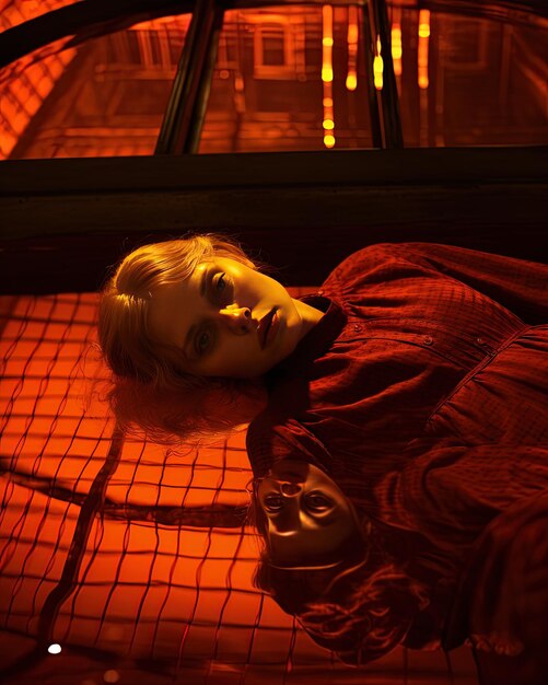 uma mulher deitada no chão com uma luz vermelha atrás dela
