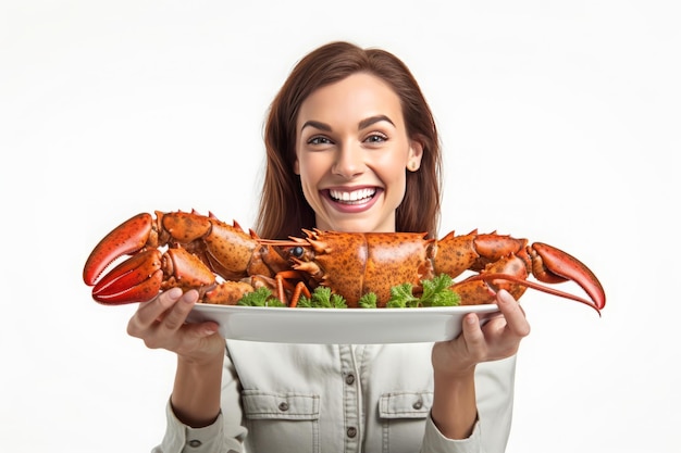 Foto uma mulher deliciosa apresenta uma lagosta perfeitamente enfeitada.