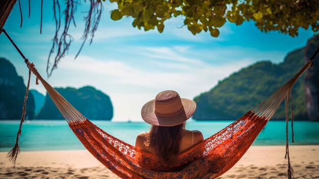 Uma mulher descansa numa hamaca contra o fundo do mar Foco seletivo