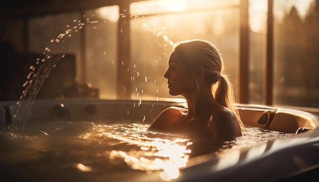 Foto uma mulher desfruta de hidroterapia em uma banheira de hidromassagem para relaxamento gerado por ia