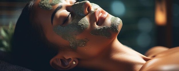 Foto uma mulher desfruta de um dia no centro de spa aplicando máscara facial retrato em close-up