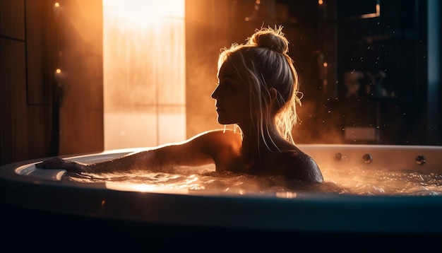 Uma mulher desfruta de um luxuoso tratamento de spa em uma banheira de hidromassagem gerada por IA
