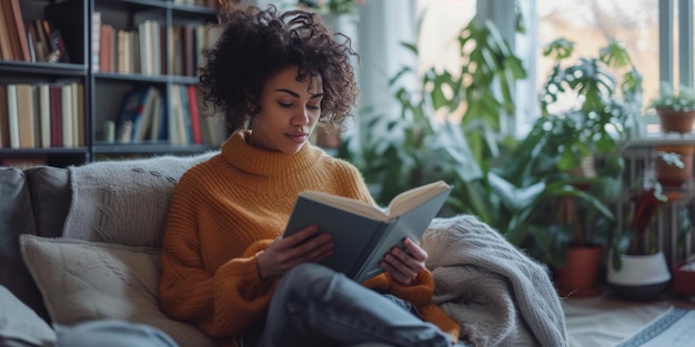 Uma mulher desfruta tranquilamente de um livro no seu aconchegante espaço de cópia da sala de estar.