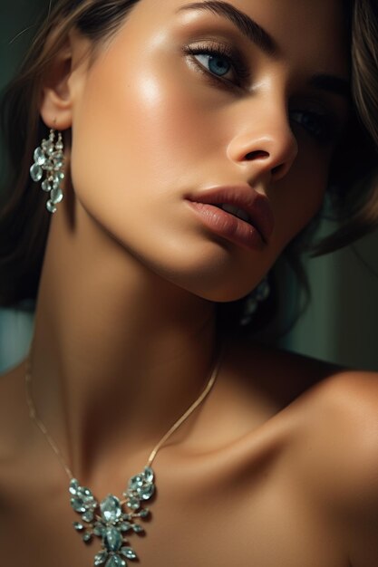 Foto uma mulher deslumbrante adornada com um colar e brincos perfeita para temas de moda, beleza e jóias.