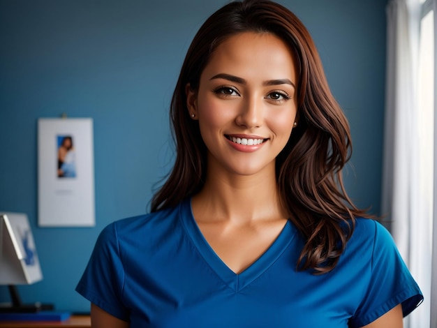 Uma mulher deslumbrante em uma camiseta azul sorri enquanto está de frente para a câmera