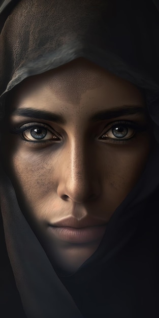 Uma mulher do Oriente Médio vestindo um niqab hijab preto olha com uma expressão inquisitiva e ansiosa em meio a um ambiente empoeirado e montanhas bokeh AIGenerated