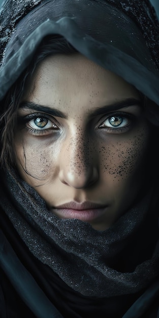 Uma mulher do Oriente Médio vestindo um niqab hijab preto olha com uma expressão inquisitiva e ansiosa em meio a um ambiente empoeirado e montanhas bokeh AIGenerated