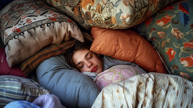 Uma mulher dorme aninhada em uma pilha de almofadas seu corpo enrolado e seu rosto pacífico ela