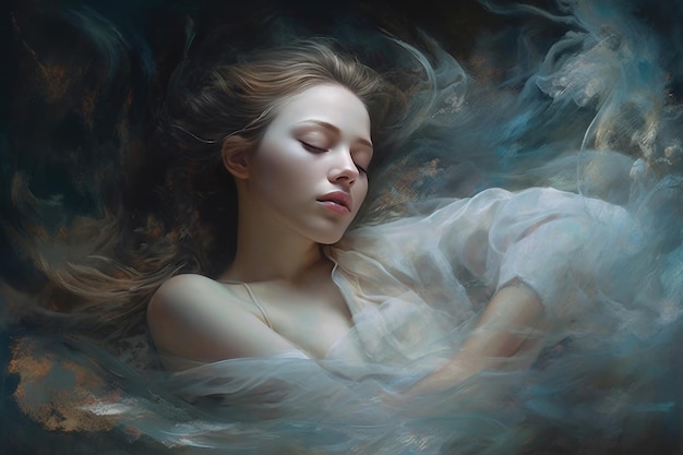 Uma mulher dorme com um vestido branco com fundo azul.