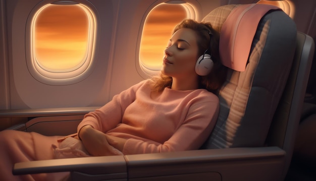 Uma mulher dorme em um avião com um suéter rosa e fones de ouvido