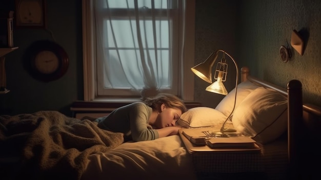 Uma mulher dorme em um quarto escuro com uma lâmpada que diz 'sleep'on it