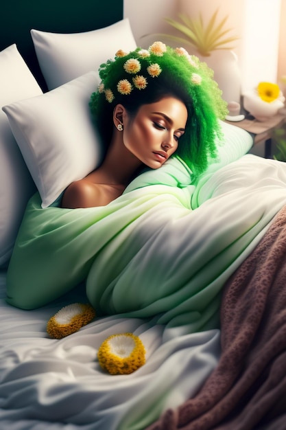 Uma mulher dorme em uma cama com flores no cabelo.