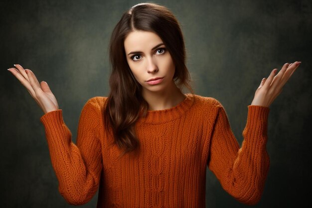 Uma mulher duvidosa com uma camisola laranja enfrenta duas escolhas levantando uma palma em hesitação