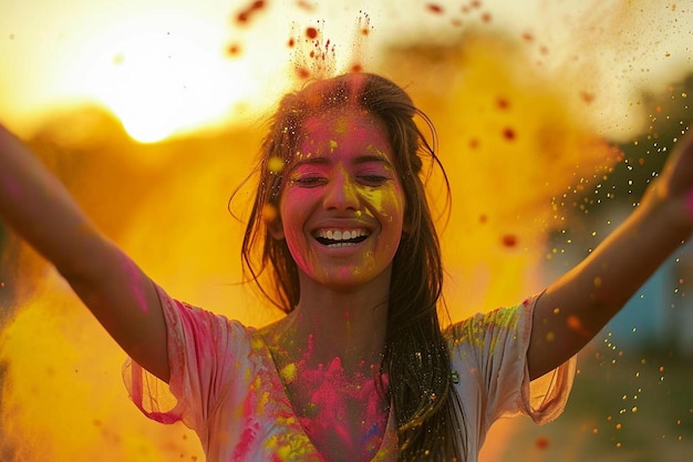 Foto uma mulher é coberta de pó colorido e sorrindo