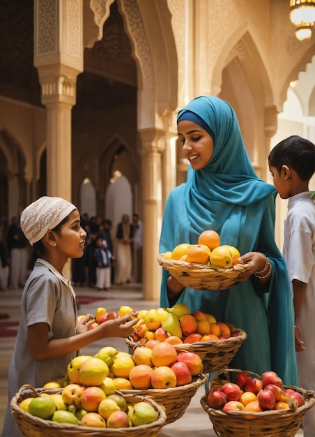 uma mulher e dois meninos estão vendendo frutas em uma mesquita