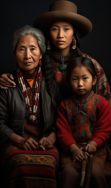 Uma mulher e duas crianças em roupas tradicionais nativas ai