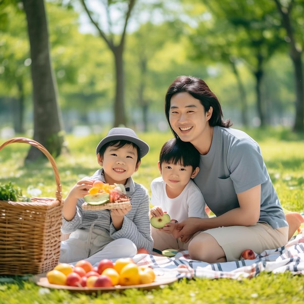 uma mulher e duas crianças estão comendo vegetais com uma cesta de vegetais
