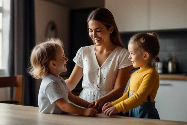 Foto uma mulher e duas crianças estão de mãos dadas e sorrindo