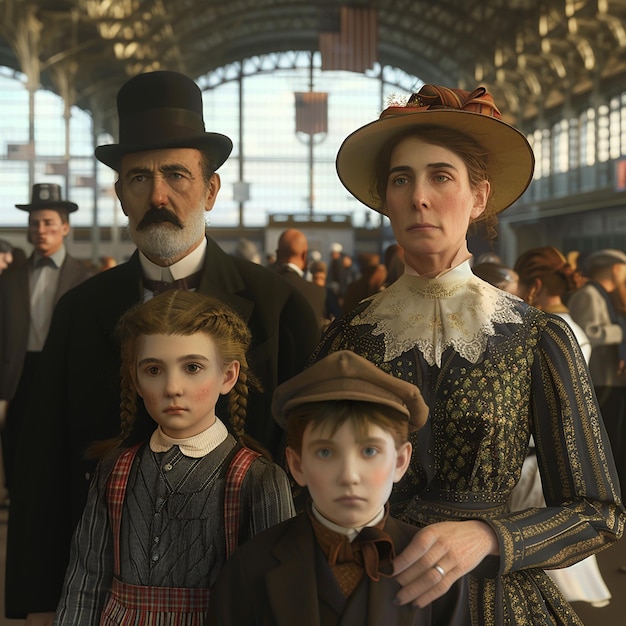uma mulher e duas crianças estão posando para uma foto com um homem vestindo um chapéu