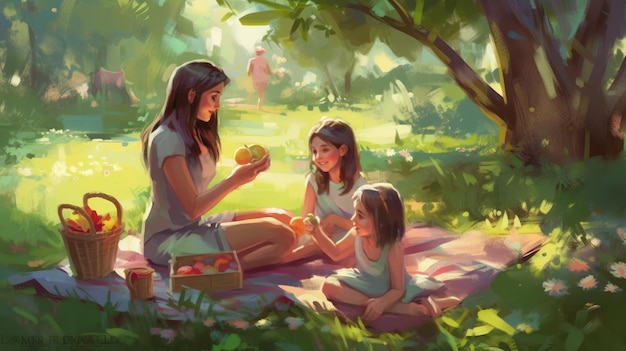 Uma mulher e duas crianças estão sentadas em um cobertor em um parque, uma delas está segurando uma cesta de maçãs.