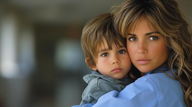 Uma mulher e o seu filho pequeno abraçam-se