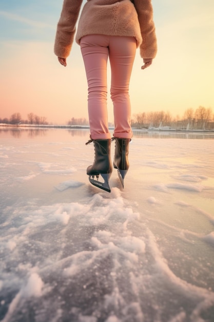 Foto uma mulher é retratada caminhando sobre um lago congelado vestindo calças e botas cor-de-rosa esta imagem pode ser usada para retratar atividades ao ar livre no inverno e a beleza da natureza no tempo frio
