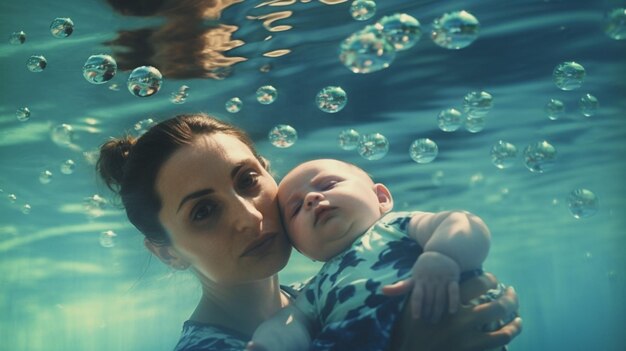 Uma mulher e seu bebê estão nadando em uma piscina com