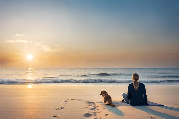 Foto uma mulher e seu cachorro sentam-se na praia e olham para o oceano.