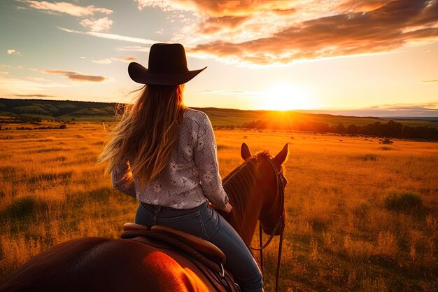 Foto uma mulher e seu cavalo no esplendor do pôr-do-sol