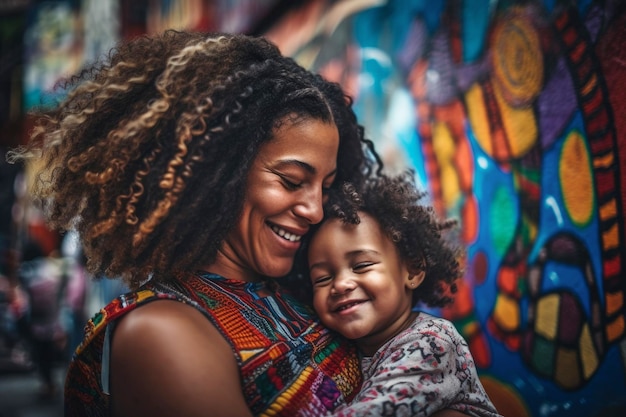 Uma mulher e seu filho estão abraçados em frente a uma parede colorida.