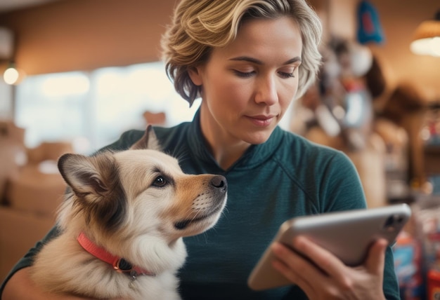 Uma mulher e seus dois cães se envolvem com um smartphone compartilhando um momento de conexão em um interior aconchegante