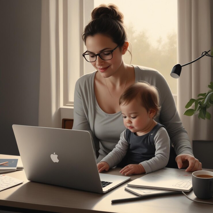 Foto uma mulher e um bebê estão trabalhando em um laptop