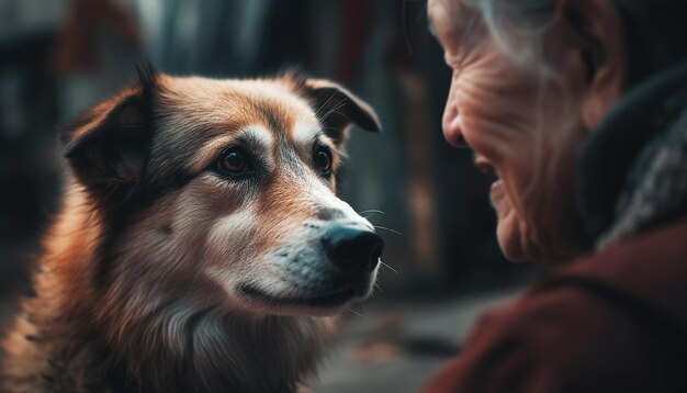 Uma mulher e um cachorro olhando um para o outro