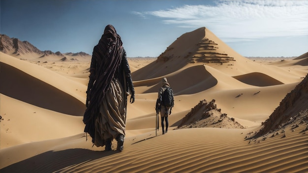 uma mulher e um homem caminham pelo deserto