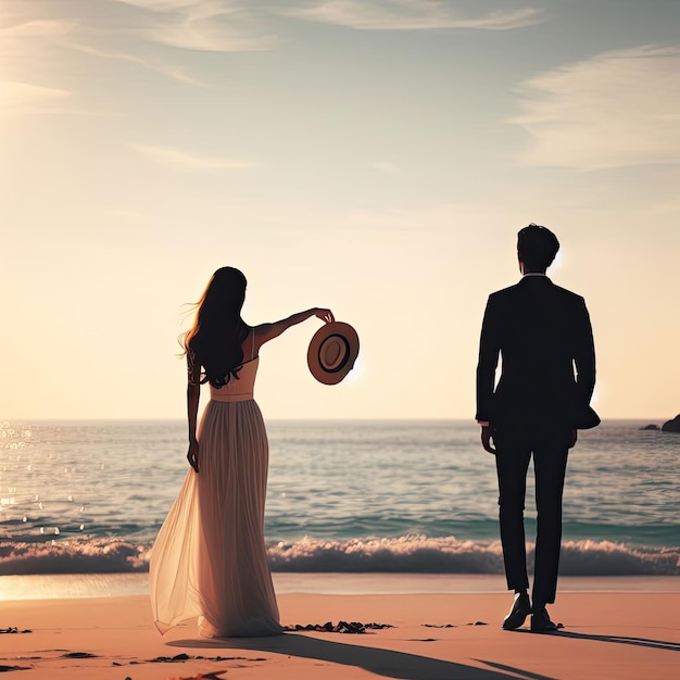Uma mulher e um homem estão de pé separadamente na praia