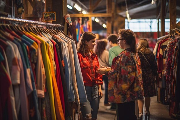 Uma mulher e um homem olhando as roupas expostas em uma loja.