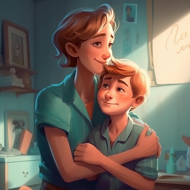 Uma mulher e um menino abraçados em uma sala com uma placa que diz 'o amor está ao fundo'