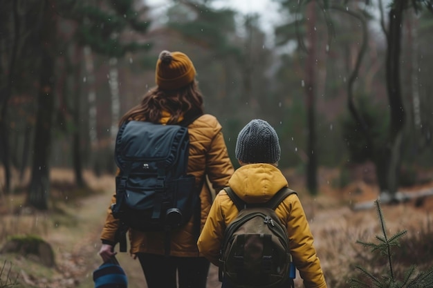 Uma mulher e um menino com mochilas caminhando pela floresta verde exuberante